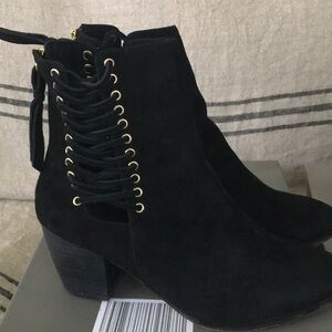 Cynthia Vincent Black Suede Lace-up Booties-Gold Hardware